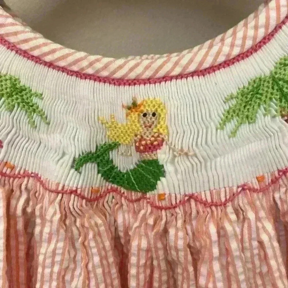 Posh Originals Smocked Seersucker Bishop Long Dress Mermaid Palm Trees Size 6X - Picture 9 of 10